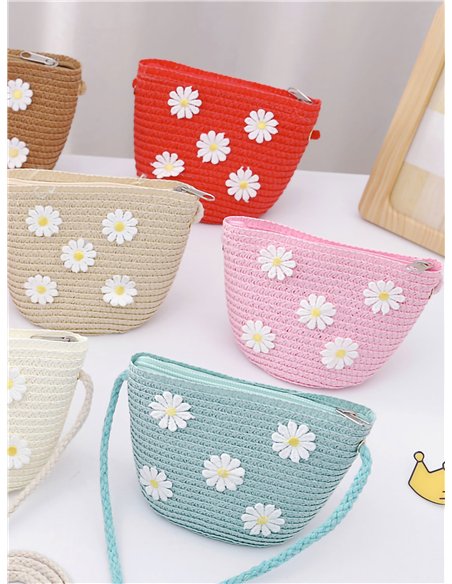 Mini sac bandoulière en raphia pour enfants avec des marguerites