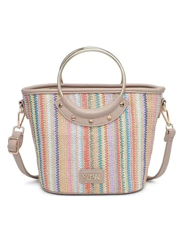 Bolso tote pequeño multicolor efecto rafia con asa metálica