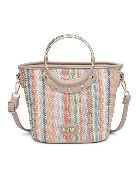 Bolso tote pequeño multicolor efecto rafia con asa metálica