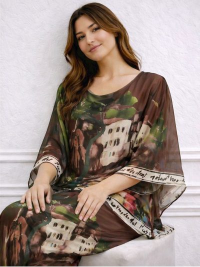 Conjunto blusa maxi de gasa estampado paisaje y pantalón