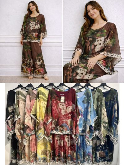 Conjunto blusa maxi de gasa estampado paisaje y pantalón 2
