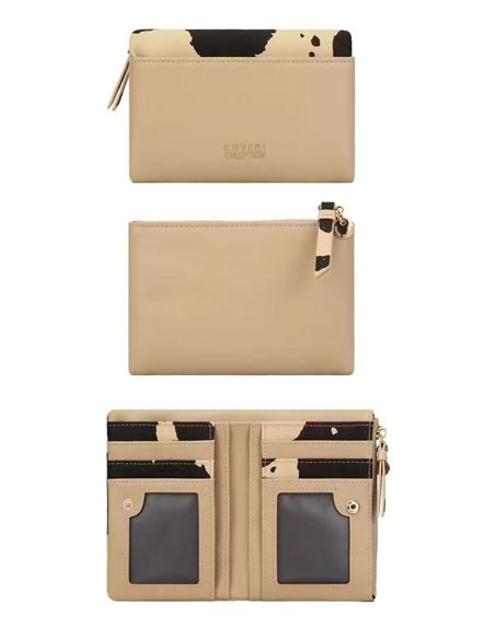 Carteira compacta com detalhes em estampa animal.