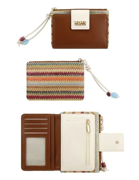 Cartera compacta con efecto rafia multicolor