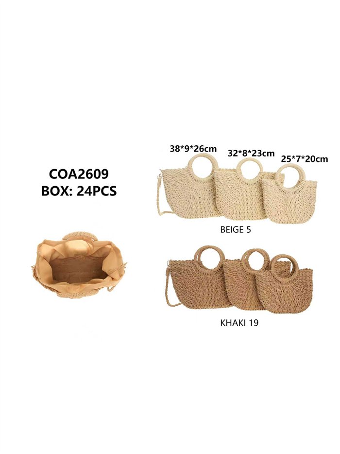 Set di 3 borsette in rafia con manico rotondo