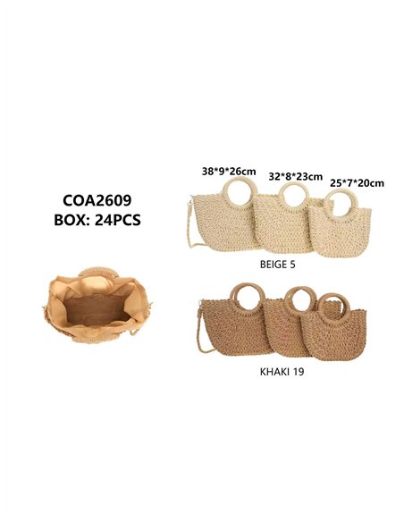 Set di 3 borsette in rafia con manico rotondo