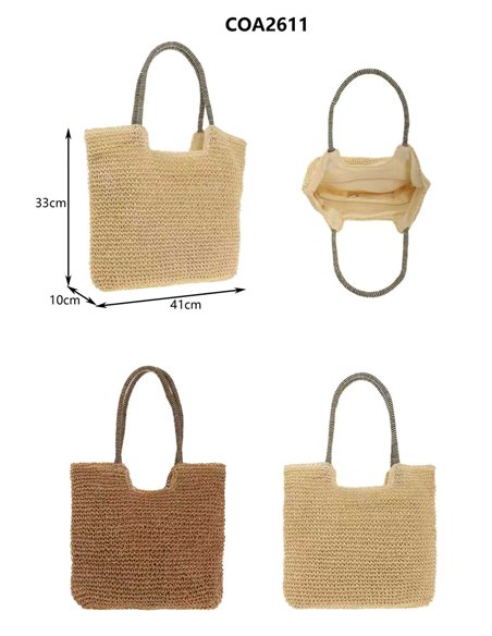 Borsa shopper in rafia con manici a contrasto