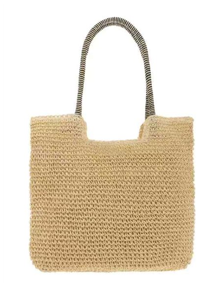 Borsa shopper in rafia con manici a contrasto