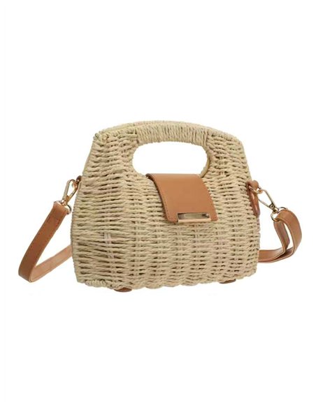Bolso de mano de rafia con mini solapa efecto piel