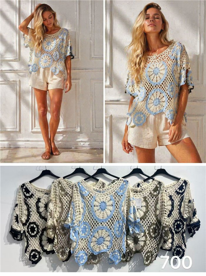 Bluse mit durchbrochenem Häkelmuster