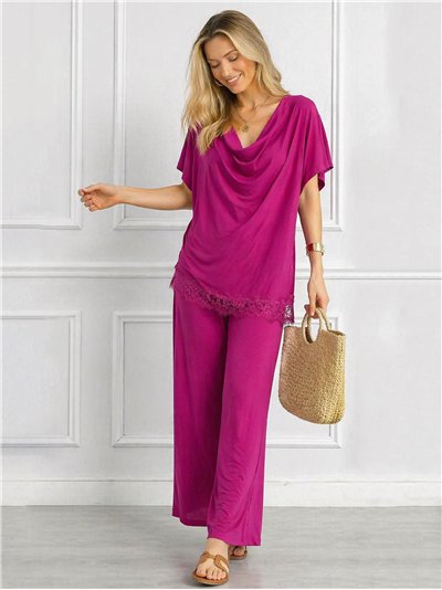 Conjunto talla grande blusa lycra drapeado con encaje y pantalón