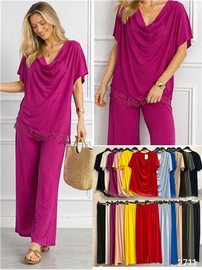 Conjunto talla grande blusa lycra drapeado con encaje y pantalón 2