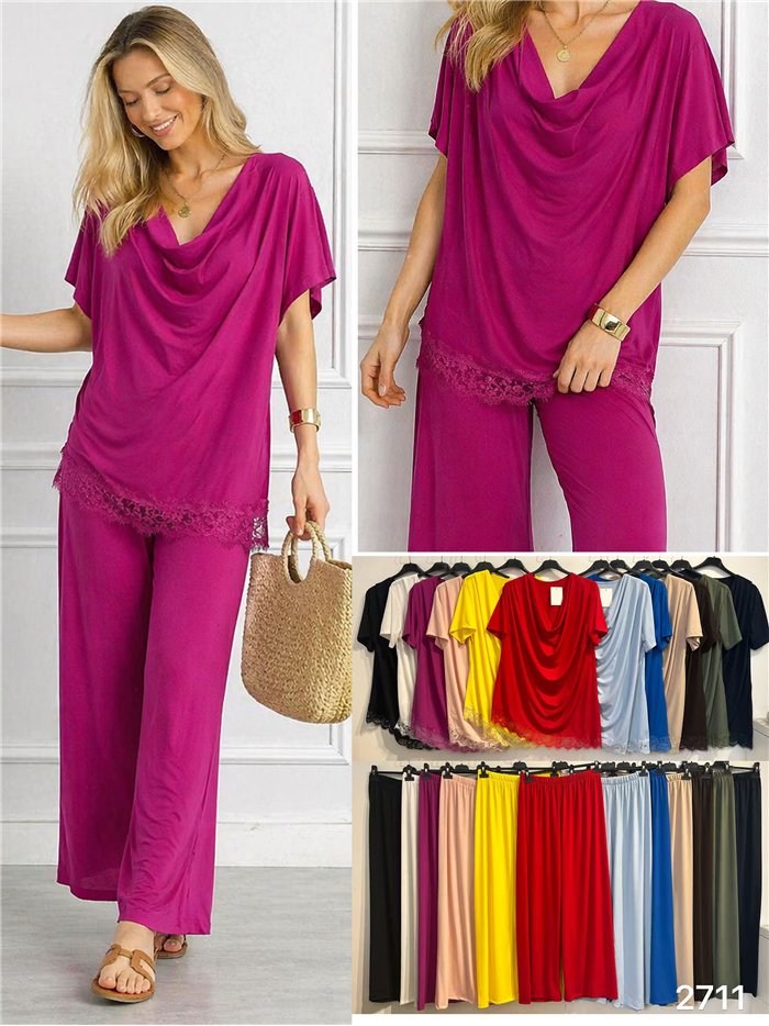 Conjunto talla grande blusa lycra drapeado con encaje y pantalón