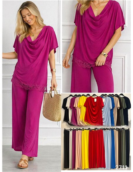 Conjunto talla grande blusa lycra drapeado con encaje y pantalón