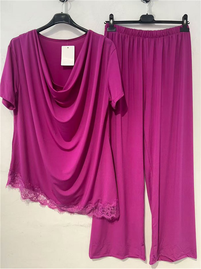 Conjunto talla grande blusa lycra drapeado con encaje y pantalón