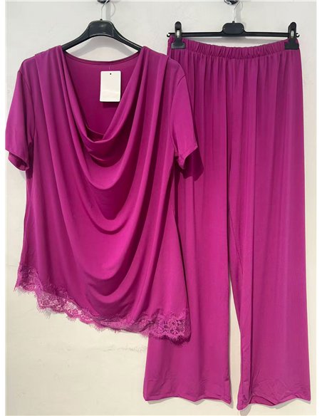 Conjunto talla grande blusa lycra drapeado con encaje y pantalón