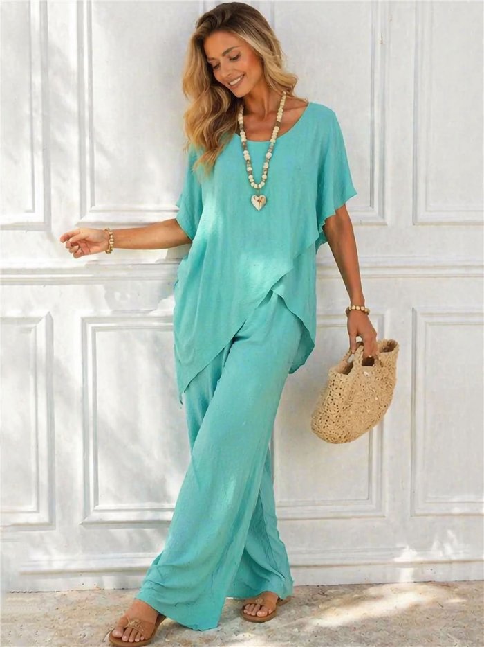 Conjunto blusa fluida asimétrica y pantalón