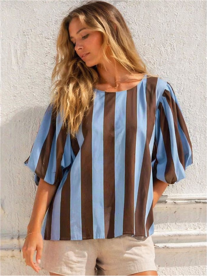 Puff-sleeve striped blouse