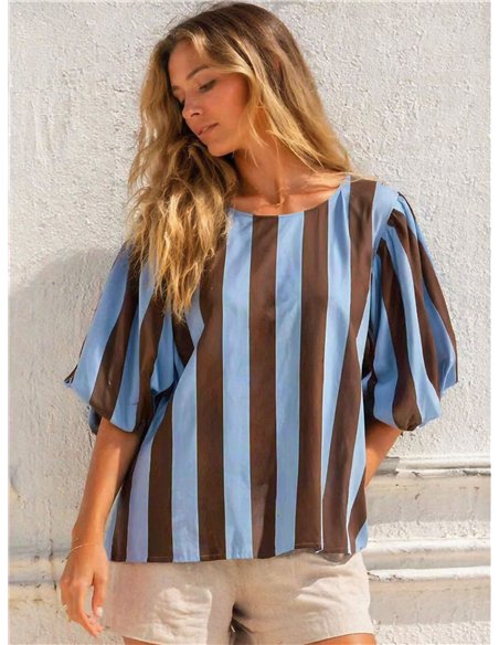 Puff-sleeve striped blouse