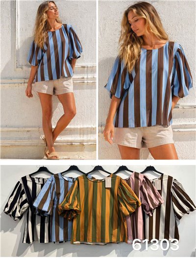 Puff-sleeve striped blouse 2