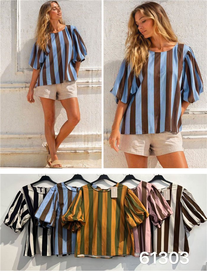 Puff-sleeve striped blouse