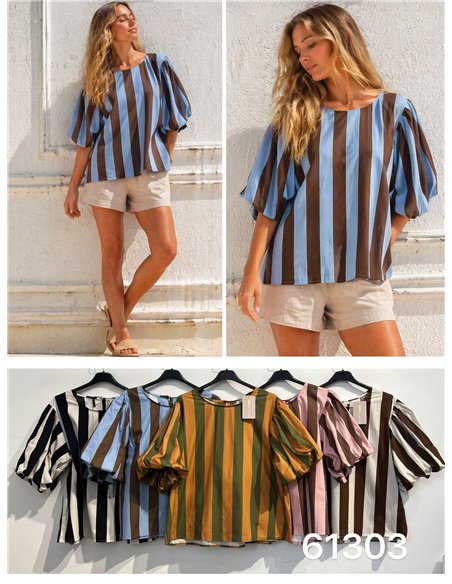 Puff-sleeve striped blouse