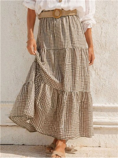 Ruffled gingham midi skirt with belt