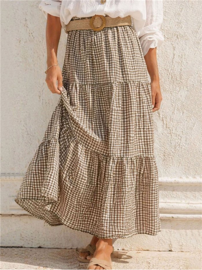 Ruffled gingham midi skirt with belt