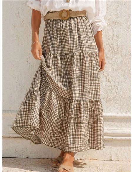 Ruffled gingham midi skirt with belt