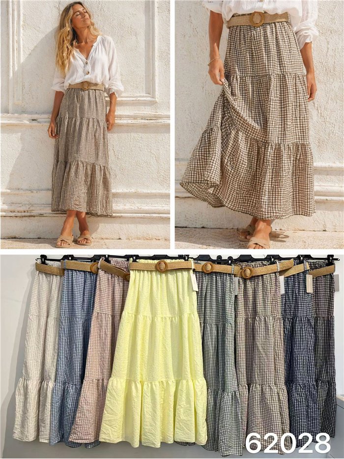 Ruffled gingham midi skirt with belt