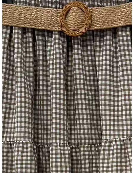 Ruffled gingham midi skirt with belt
