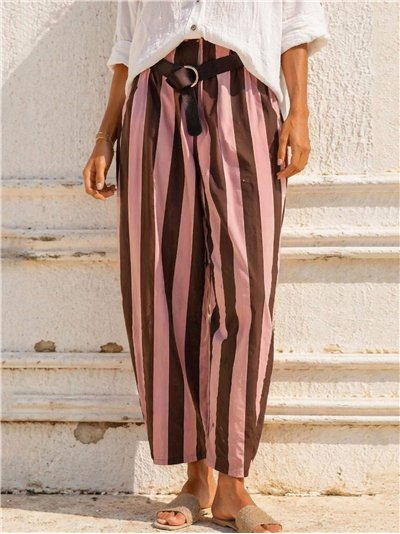 Belted striped barrel trousers