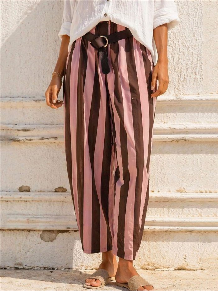 Belted striped barrel trousers
