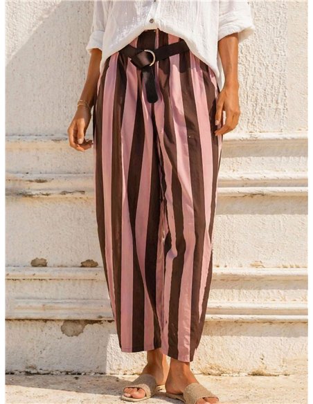 Belted striped barrel trousers
