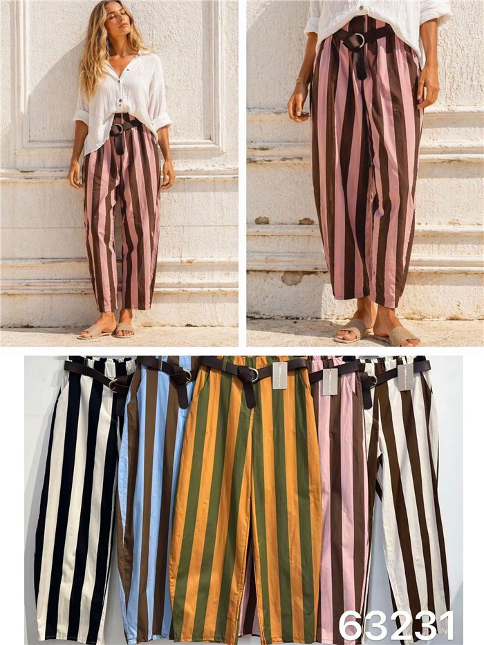 Belted striped barrel trousers