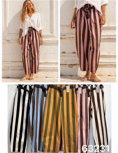 Belted striped barrel trousers