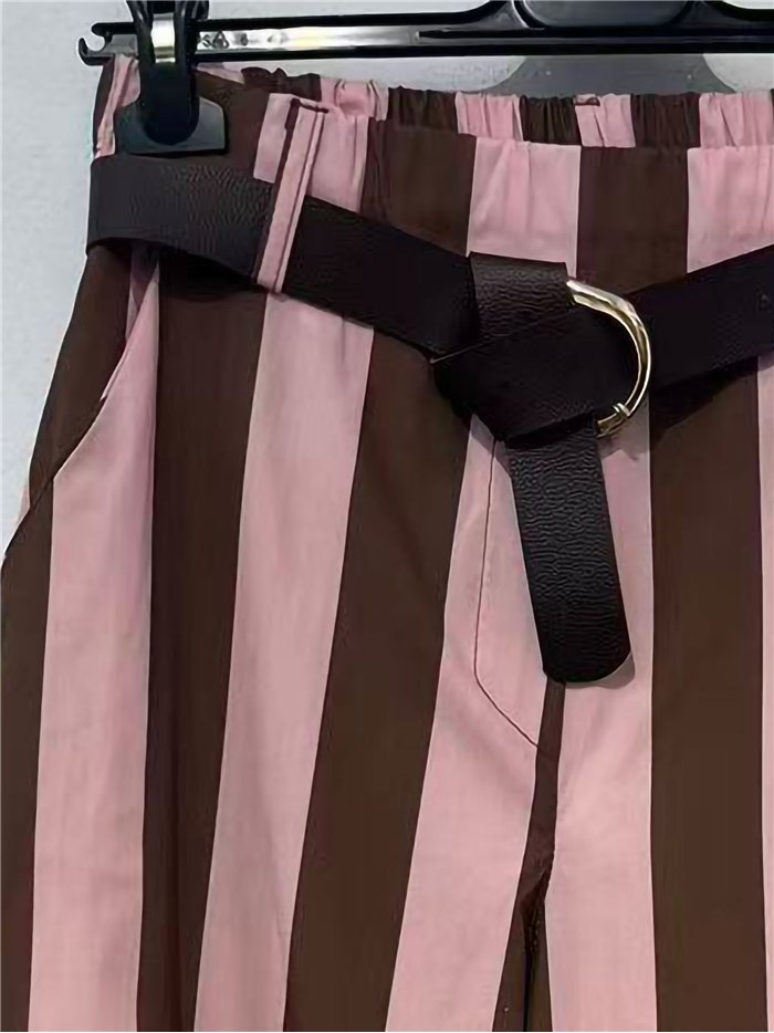 Belted striped barrel trousers
