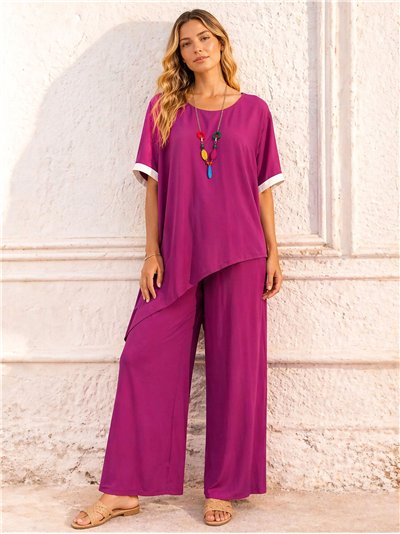 Conjunto talla grande blusa lycra asimétrica con collar y pantalón