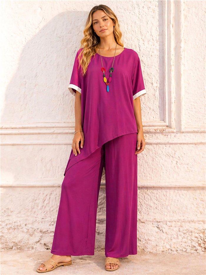 Conjunto talla grande blusa lycra asimétrica con collar y pantalón