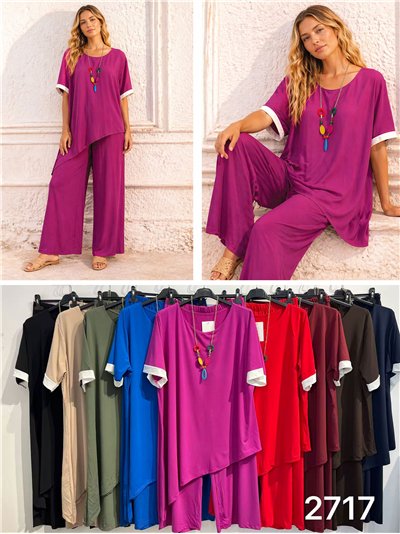Conjunto talla grande blusa lycra asimétrica con collar y pantalón 2