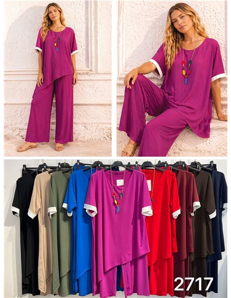 Conjunto talla grande blusa lycra asimétrica con collar y pantalón