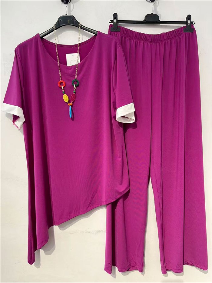 Conjunto talla grande blusa lycra asimétrica con collar y pantalón