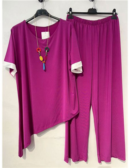 Conjunto talla grande blusa lycra asimétrica con collar y pantalón