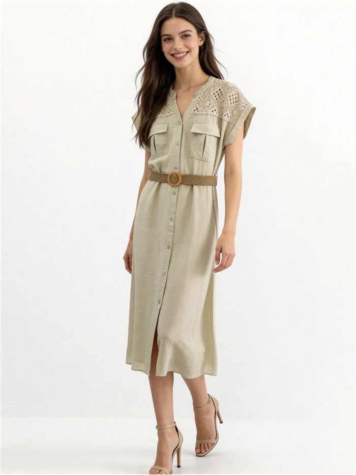 Belted shirt midi dress with crochet detail