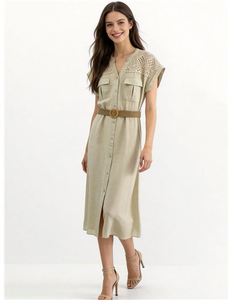Belted shirt midi dress with crochet detail