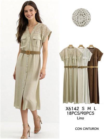 Belted shirt midi dress with crochet detail 2