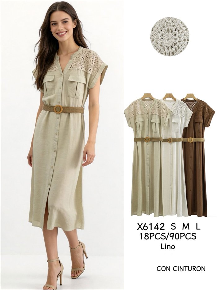 Belted shirt midi dress with crochet detail