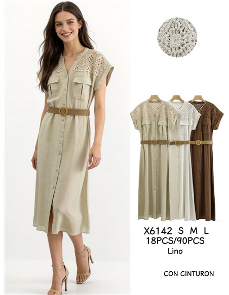 Belted shirt midi dress with crochet detail