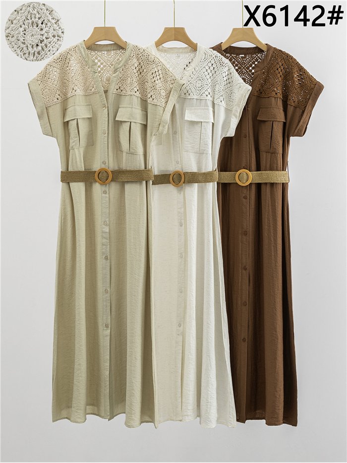 Belted shirt midi dress with crochet detail