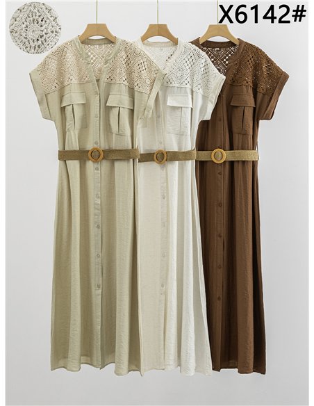 Belted shirt midi dress with crochet detail