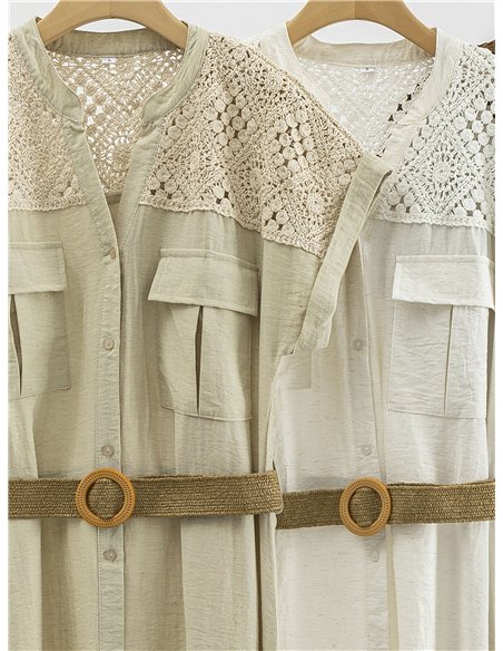 Belted shirt midi dress with crochet detail